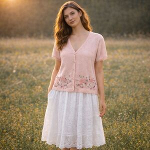 Vintage Pastel Pink Sweater Cardigan Women 6 Floral Beaded Embroidered Cottage